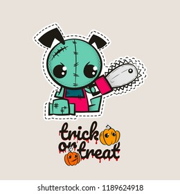 Halloween stitch zombie puppy voodoo doll. Evil dog sewing monster. Cute colored vector halftone sticker sketch. Cartoon angry killer character. Trick or treat pumpkins.