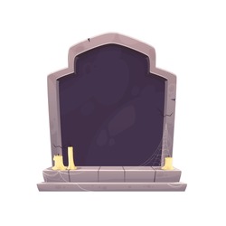 Halloween Stone Frame. Cemetery Grave, Isolated Graveyard Headstone Or Horror Tomb Cartoon Vector Frame Or Creepy Halloween Background With Gravestone, Spider Web And Candles
