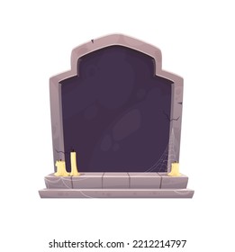 Halloween stone frame. Cemetery grave, isolated graveyard headstone or horror tomb cartoon vector frame or creepy Halloween background with gravestone, spider web and candles svg