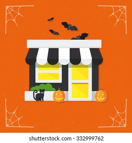 Halloween store icon. Mystery spooky shop market. Halloween illustration isolated on stylized dark background. Vector illustration