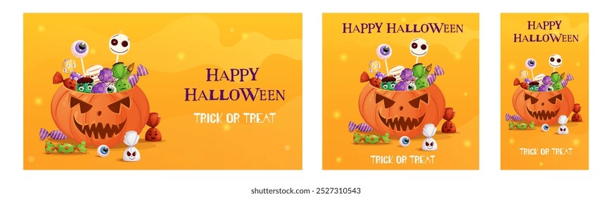 Halloween stories, banner, post with scary pumpkin full of spooky sweets. Trick or treat illustration set.