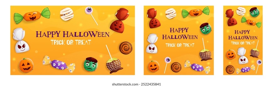 Historias de Halloween, Anuncio, post Plantilla. Truco o trato de colección de concepto de fiesta. Caramelo dulce aterrador, galletas, ilustración de piruleta 