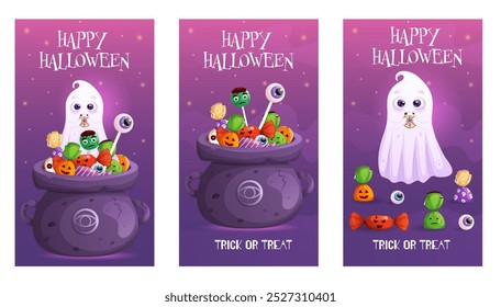 Historias de Halloween, Anuncio, conjunto de carteles con caramelos de miedo en caldero de brujas y lindo fantasma. Espeluznante ilustración de dibujos animados