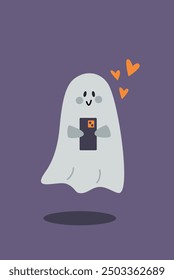 Halloween Stories. Cute Ghost with a Smartphone. Spirit Sending Message. Vector flat Illustration on violet Background.