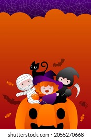 Halloween stories or party invitation with kids, cat and pumpkin. Trick or Treat Concept. Vector Illustration.