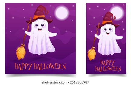 Halloween stories and post set with cute ghost wearing witch hat and holding magic broom. Spooky night banner collection.