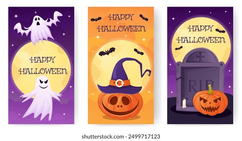Halloween stories with pumpkin, ghost, tombstone. Scary , spooky party poster, invitation, banner concept.