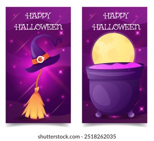 Historias de Halloween con palo de escoba, mano de bruja y poción mágica en caldero. Anuncio de Vertical de fiesta de noche de miedo, colección de cartel.