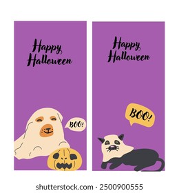 Historias de Halloween. Ilustraciones de fantasmas para niños en estilo plano. Tarjeta de Vertical de feliz Halloween o Anuncio para las redes sociales. Lindos personajes espeluznantes en estilo infantil. Se puede utilizar para tarjetas de felicitación.