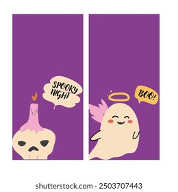 Halloween stories set. Childrens ghost illustrations in flat style. Happy Halloween vertical card or banner for social media. Cute spooky characters in childish style. Can used for greeting cards.