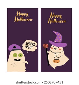 Halloween stories set. Childrens ghost illustrations in flat style. Happy Halloween vertical card or banner for social media. Cute spooky characters in childish style. Can used for greeting cards.