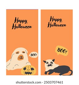 Halloween stories set. Childrens ghost illustrations in flat style. Happy Halloween vertical card or banner for social media. Cute spooky characters in childish style. Can used for greeting cards.