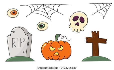 Halloween stories. Set of decorative elements, Halloween decoration pumpkin, skull, tombstone, eyes, spider web