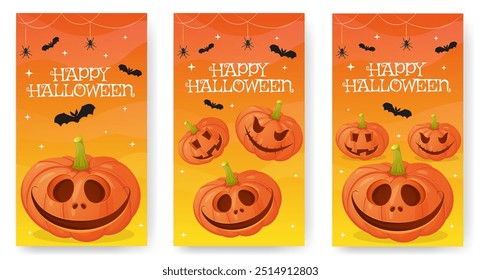 Historias de Halloween ambientadas con calabazas de miedo. Colección de póster de Vertical de fiesta de noche espeluznante