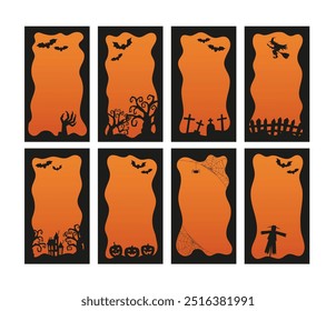 Halloween stories templates set with black silhouettes. Holiday vector designs for social media
