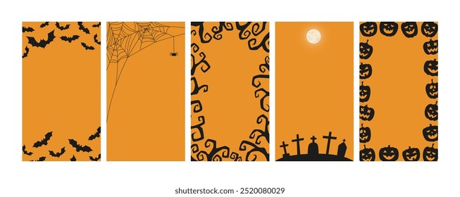 Halloween stories templates set with black silhouettes. Holiday vector designs for social media