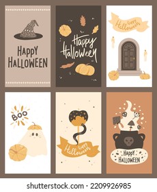 Halloween Stories Templates. Social Media Greeting Illustrations With Cute Ghost, Door To Crypt, Snake Eating Caramel Apple, Poison Cauldron, Witch Hat. Vector Banners Collection, Phone Backgrounds.