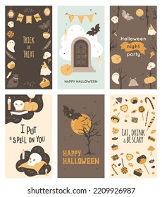 Halloween stories templates. Social media greeting illustrations, frames with copy space. Cute ghosts, bat, sweets, skull and magic book, door to crypt. Vector holiday banners, phone backgrounds.