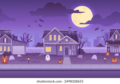 Fondo de la calle de Halloween. Horror nocturno paisaje de misterio. Ilustración vectorial