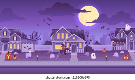 Halloween Street Houses. Decorated Haunted House Background, Horror Carnival City Creepy Pumpkin Building Decoration Or Scarecrow On Porch, Ingenious Vector Illustration Of House Halloween Street
