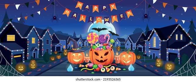 Halloween street houses. Suburban houses, street with cottages with garages decorated with garlands and pumpkins for halloween at night. Vector illustration.