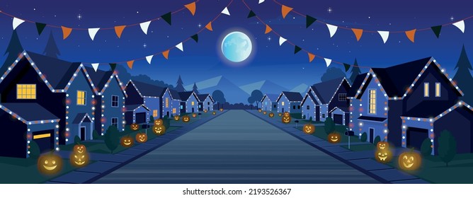 Halloween street houses. Suburban houses, street with cottages with garages decorated with garlands and pumpkins for halloween at night. A street of houses with green trees and a road in perspective. 