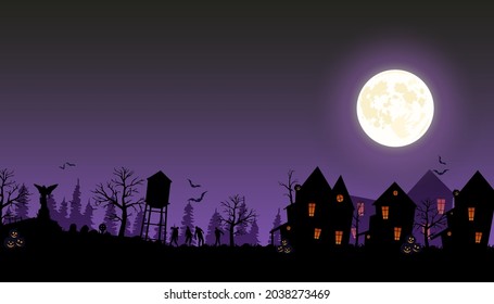 Halloween street with old houses and zombies. Vector illustration of Halloween 2021. Ominous cemetery, zombies and village.