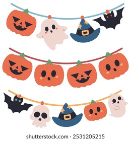 Halloween string lights vector cartoon set isolated on a white background.
