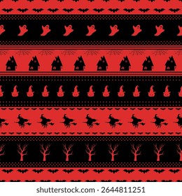 Halloween Striped Pattern with Halloween Elements. Seamless Holiday Background. Witch on Broom, Pumpkin in Witch Hat, Trees, Scary Houses, Bats, Ghost, Spider Web. Vector in Red, Black