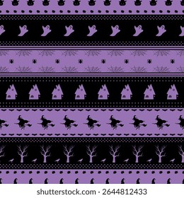 Halloween Striped Pattern with Halloween Elements. Seamless Holiday Background. Witch on Broom, Pumpkin in Witch Hat, Trees, Scary Houses, Bats, Ghost, Spider, Spider Web. Vector in Purple, Black