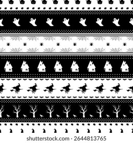 Halloween Striped Pattern with Halloween Elements. Seamless Holiday Background. Witch on Broom, Pumpkin in Witch Hat, Trees, Crow, Scary Houses, Bats, Ghost, Spider, Spider Web. Vector in White, Black