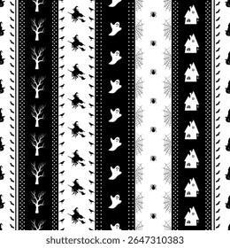 Halloween Striped Pattern with Halloween Elements. Seamless Holiday Background. Witch on Broom, Pumpkin in Witch Hat, Trees, Crow, Scary Houses, Bats, Ghost, Spider, Spider Web. Vector in White, Black