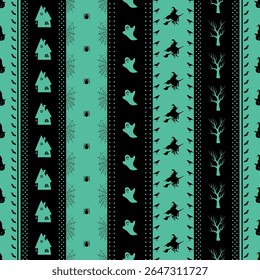 Halloween Striped Pattern with Halloween Elements. Seamless Holiday Background. Witch on Broom, Pumpkin in Witch Hat, Trees, Crow, Scary Houses, Bats, Ghost, Spider, Spider Web. Vector in Green, Black