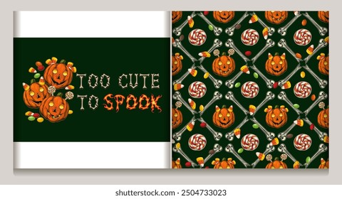 Halloween striped pattern, label with pumkin heads like happy kids, bones, sweets, traditional candy, text on black background. Vintage illustration.