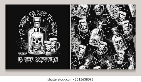 Halloween striped pattern, label with pumkin heads like happy kids, bones, sweets, traditional candy, text on black background. Vintage illustration.