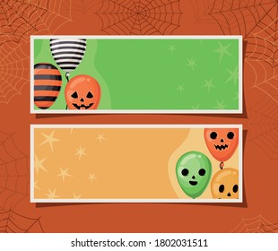 Halloween striped and pumpkin balloons in frames with spiderwebs design, Holiday and scary theme Vector illustration