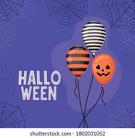 Halloween striped and pumpkin balloons with spiderwebs design, Holiday and scary theme Vector illustration