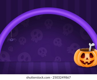 Halloween striped room skull textured wall vector background with purple arch and pumpkin on the floor for design