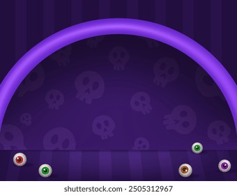 Halloween striped room skull textured wall vector background with purple arch and creepy eyes on the floor for design