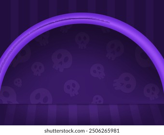 Halloween striped room skull textured wall vector background with purple arch on the floor for design