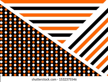 Halloween Stripes Vector Pattern. Orange, Black and White Diagonal and Horizontal Lines and dots. Modern Striped Background.