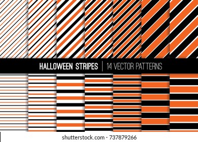 Halloween Stripes Vector Patterns. Orange, Black and White Diagonal and Horizontal Lines. Modern Striped Backgrounds. Set of Pin Stripes and Candy Stripes. Pattern Tile Swatches Included.