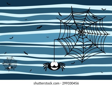 Halloween stripey background with smiling spider, cobweb and bats motif