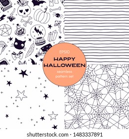 Halloween stuff cartoon vector seamless pattern set. Stars, cobweb, crystal ball, bottle with poison, skull backgrounds pack. Black magic decorative textile, wallpaper, wrapping paper design