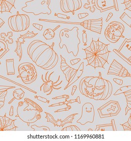 Halloween stuff in orange outline random on gray background. Seamless pattern background design for Halloween event in vector illustration.