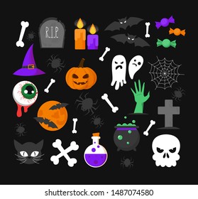 Halloween stuff set. Bat, ghost, candle and candy vector isolated. Horror pumpkin, october symbol. Trick or treat, cemetery element and black cat.