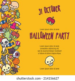 Halloween stuff vector invitation template - pumpkins, skulls, spiders, candy - a lot of different thing.