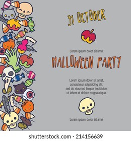 Halloween stuff vector invitation template - pumpkins, skulls, spiders, candy - a lot of different thing.