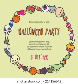 Halloween stuff vector invitation template - pumpkins, skulls, spiders, candy - a lot of different thing.