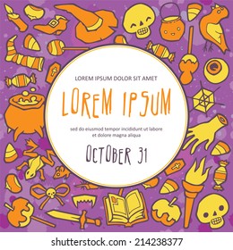 Halloween stuff vector invitation template - pumpkins, skulls, spiders, candy - a lot of different thing.